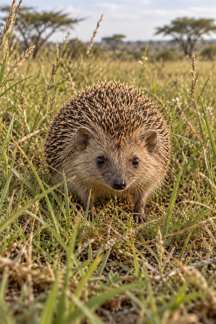正面を向いた短い角のホソツノハリネズミの画像
