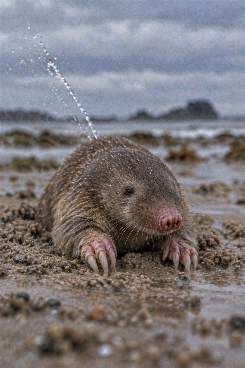 海岸の巣穴から顔を出し、水を噴き出すシオフキモグラの画像